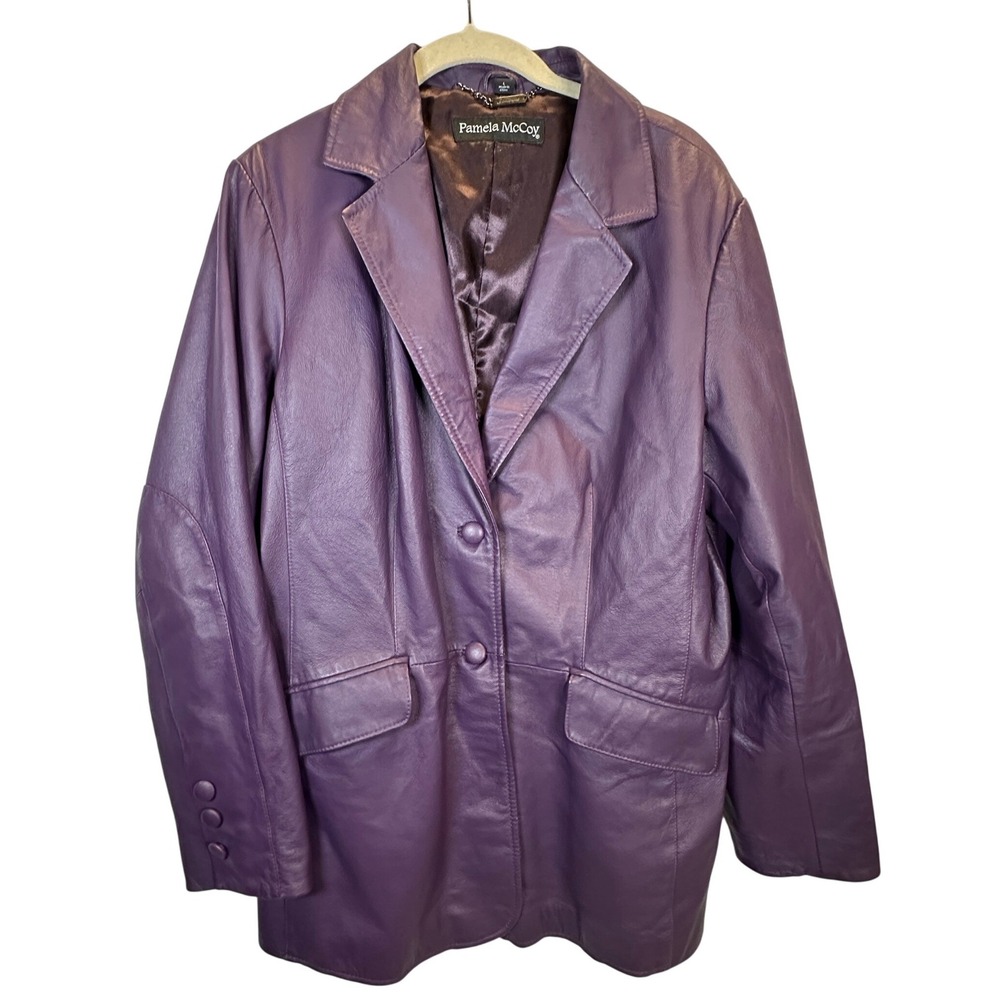 Pamela McCoy Purple Leather Blazer Jacket Womens Large 2-Button Coat Plum